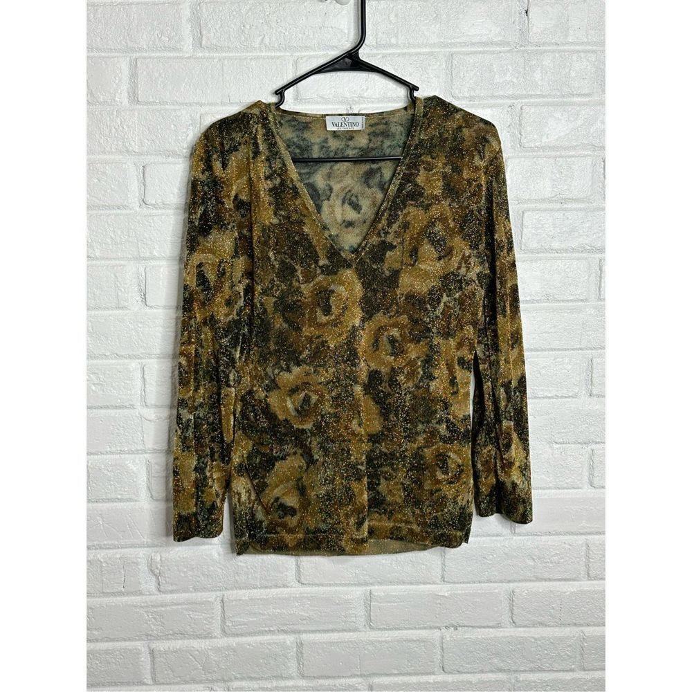 Valentino Vintage Gold Floral‎ Long Sleeve V-Neck Top